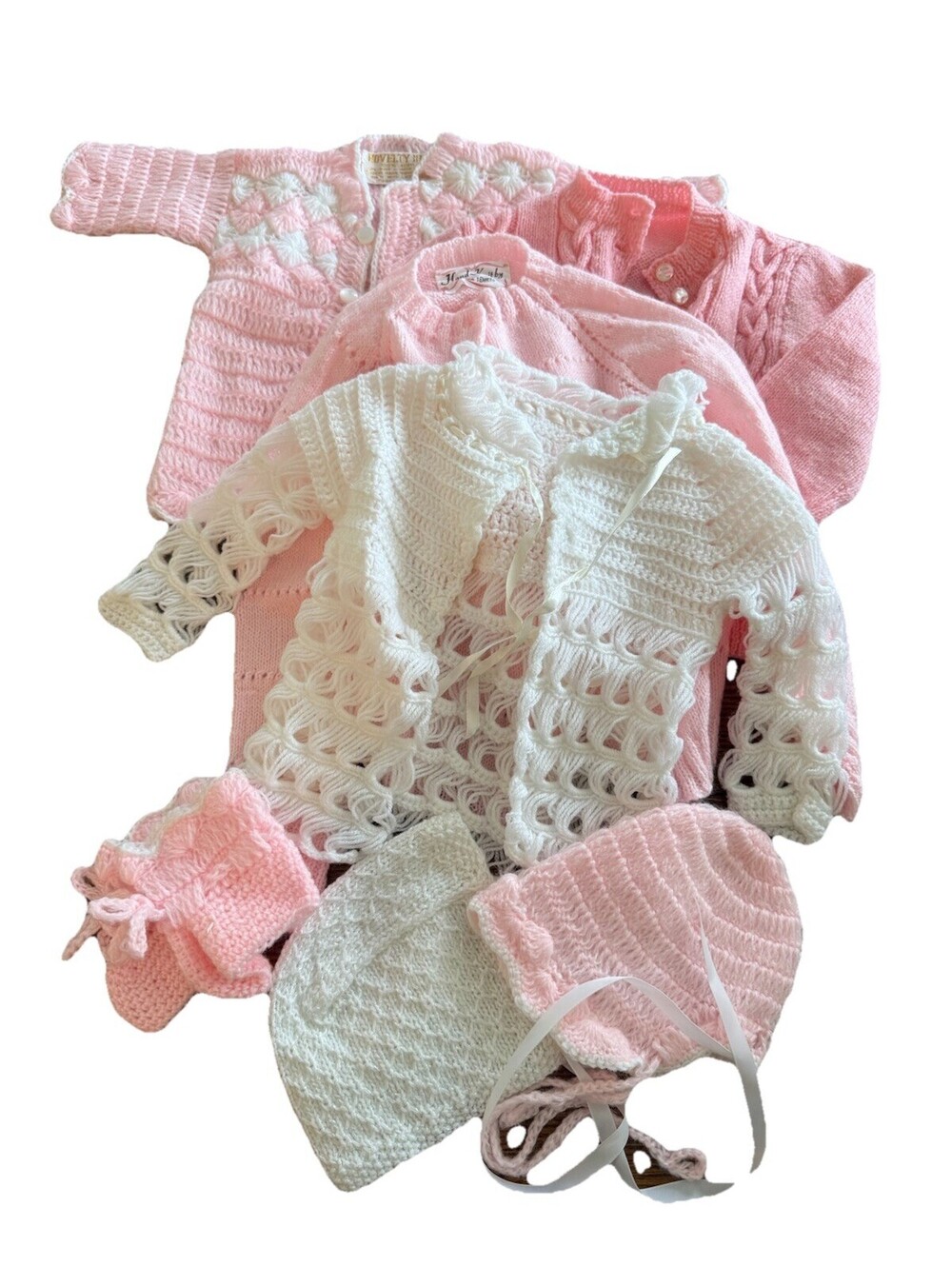 Bundle Of Knit Baby Clothes Pink And White Sweaters Booties Hats